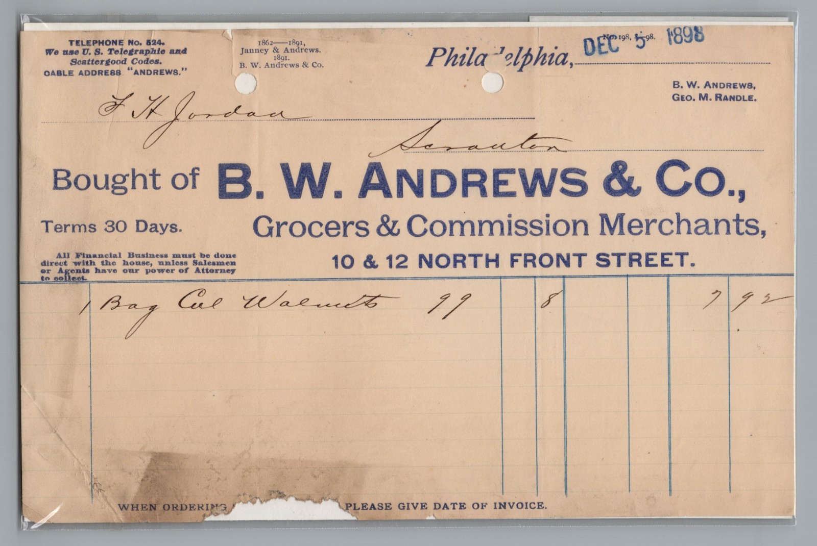 B.W. Andrews & Co. 1898 Philadelphia PA Grocers Invoice Walnuts Ephemera