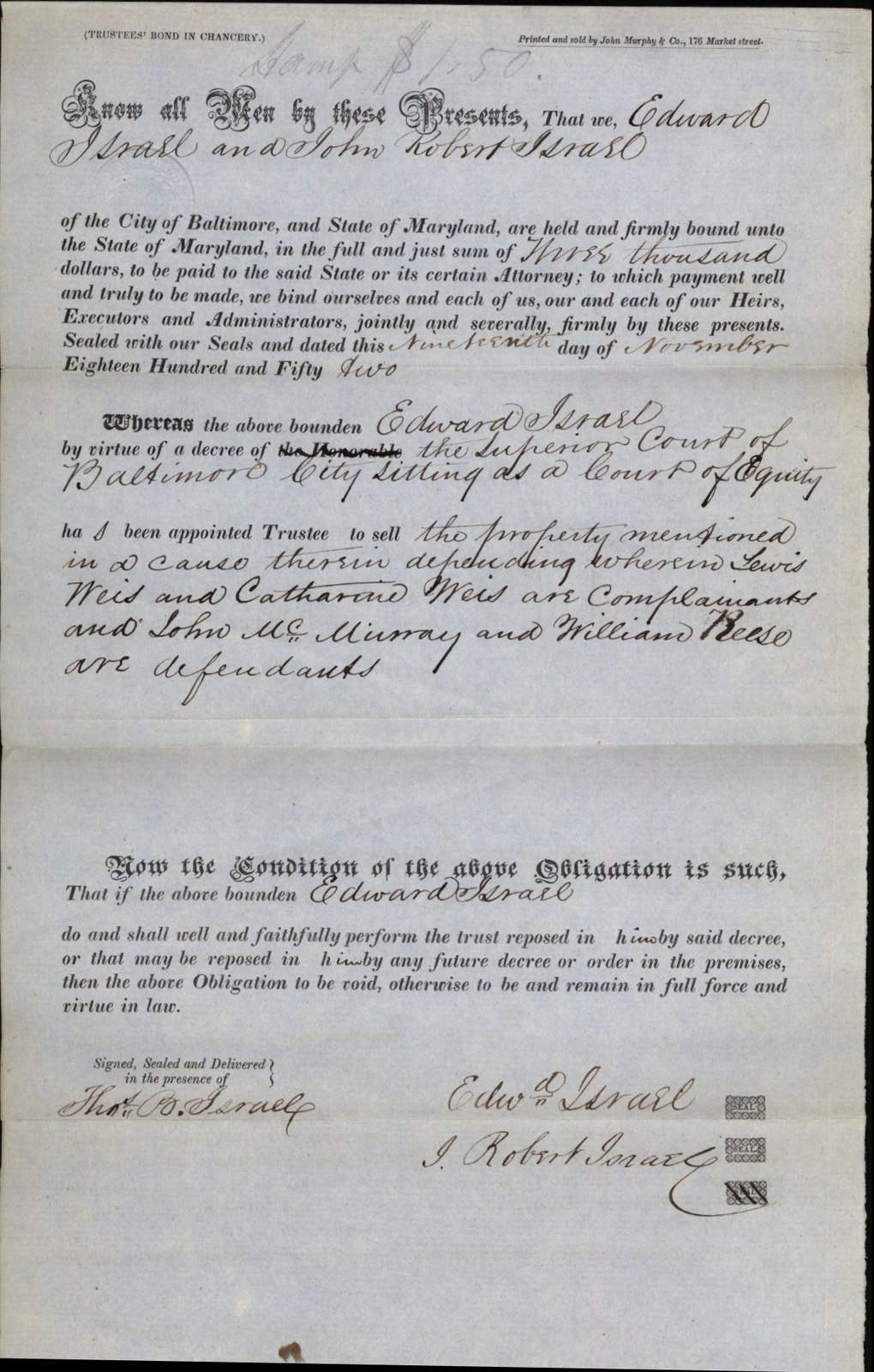 1852 Baltimore Maryland (MD) Legal Superior Court Of Baltimore City Sitting As A