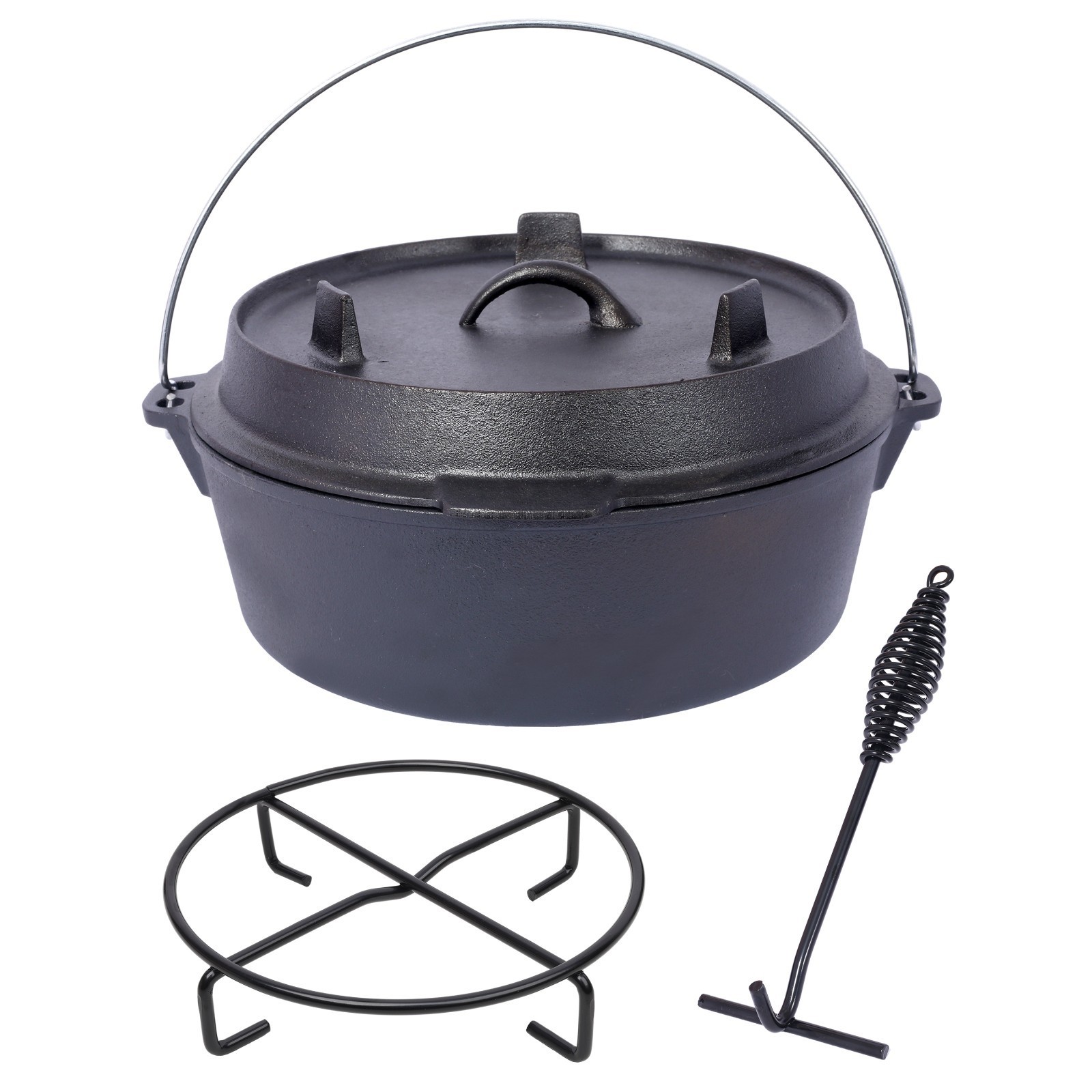 12Qt Cast Iron Dutch Oven, Pre-Seasoned w/Skillet Lid & Pot Rack 12Qt Cast Iron Dutch Oven, Pre-Seasoned w/Skillet Lid & Pot Rack