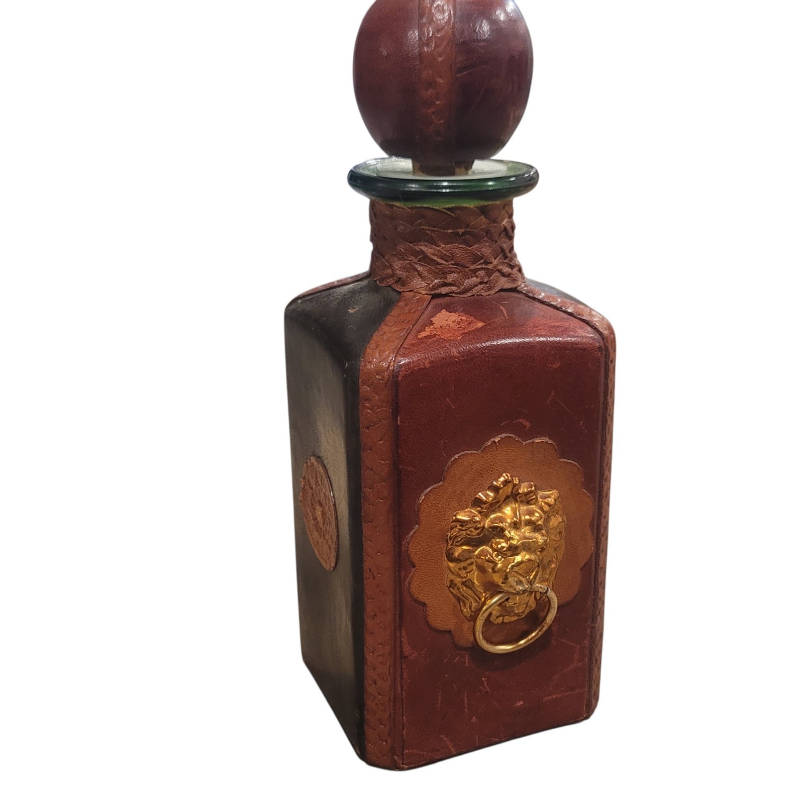 VTG MID CENTURY ITALIAN HAND TOOLED LEATHER WRAPPED DECANTER BOTTLES 