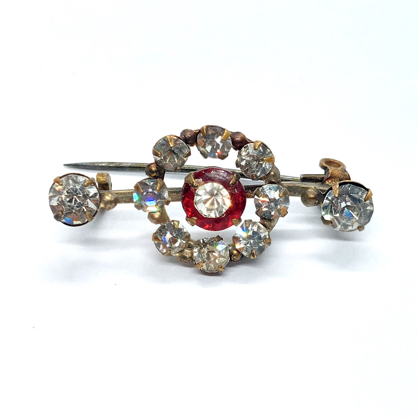 Vintage Rhinestone Circle Brooch Red Center Crystal Accents Antique Pin
