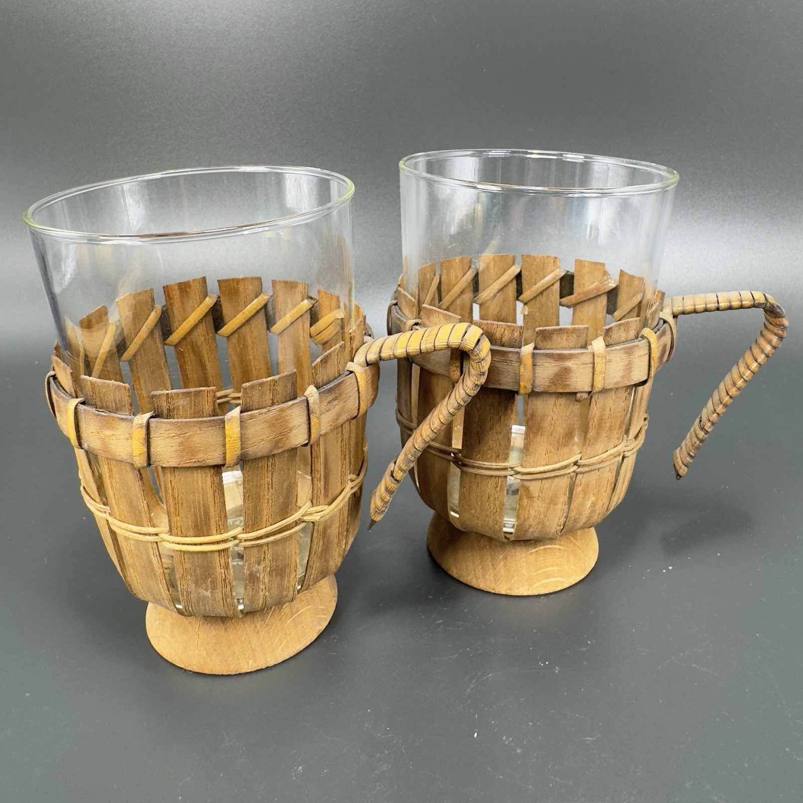 Schott Mainz Gen JENA Glass German Marked Cup Mug Clear With Wood Inserts Set 2