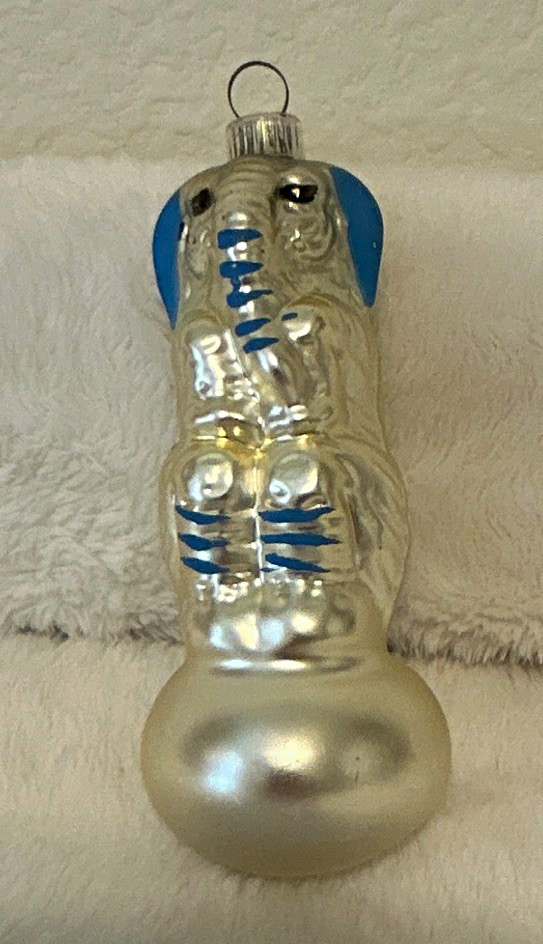Vintage West Germany Glass Elephant Christmas Ornament 4” Silver Blue Figural