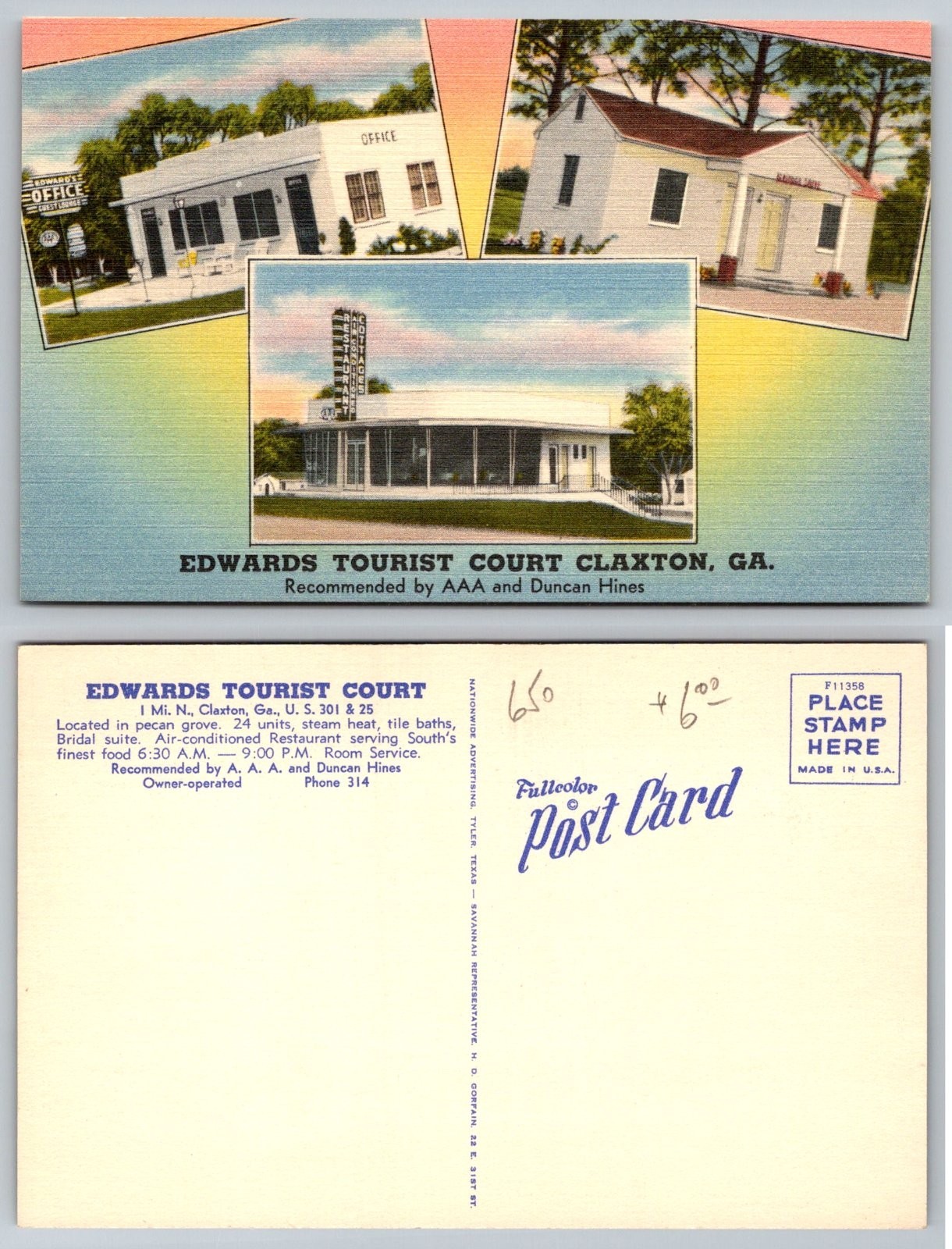 Standard Edwards Tourist Court Claxton Georgia Postcard