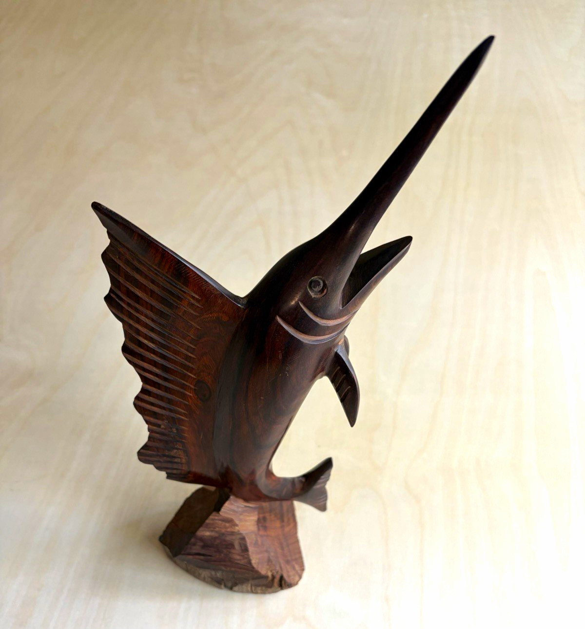Hand-Carved Wooden Marlin Swordfish Sculpture Decor on Wooden Base Stand