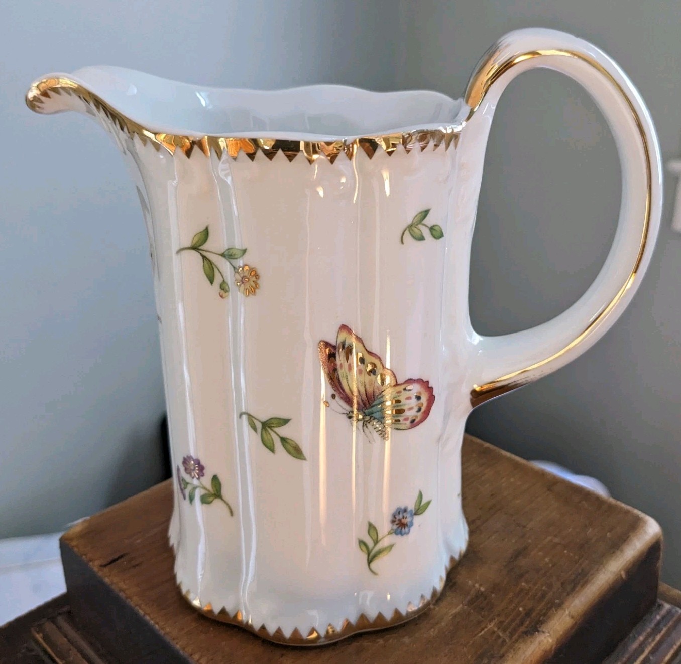I. Godinger & Co. Porcelain Small Pitcher Floral Butterfly Dragonfly 6” Tall