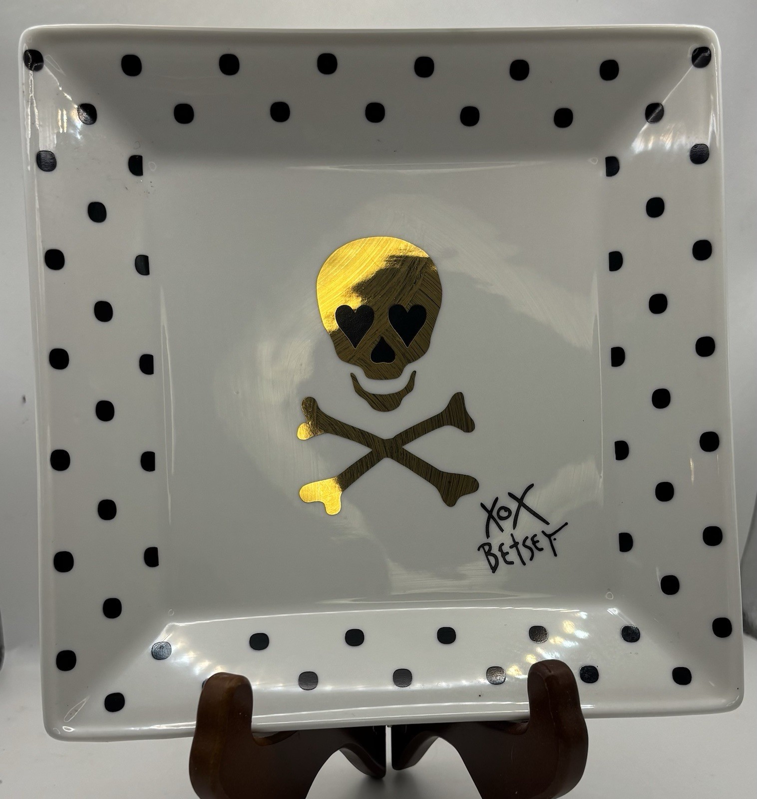 Vintage Betsey Johnson Gold Skull & Crossbones Polka Dot Trinket Tray Plate NWT