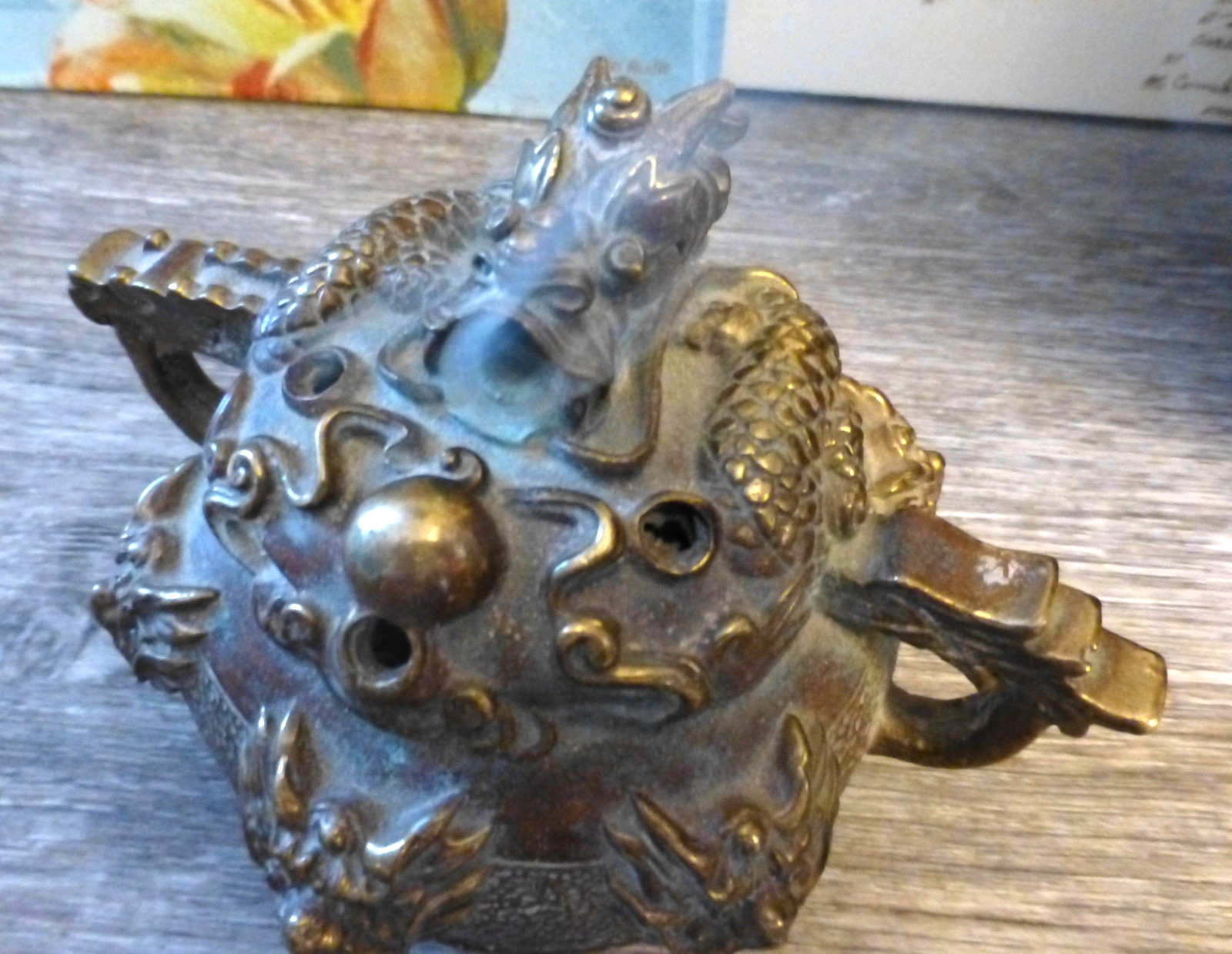 Antique Dragon Bronze Incense Burner Handles Footed Collectible