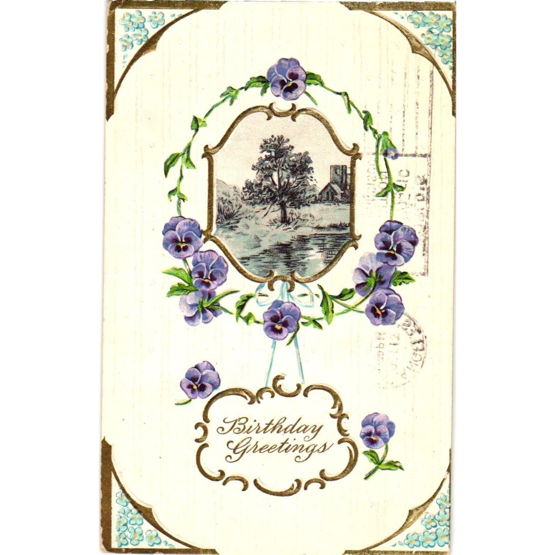Antique Embossed Birthday Greetings Postcard with Pansies & Pastoral Scene