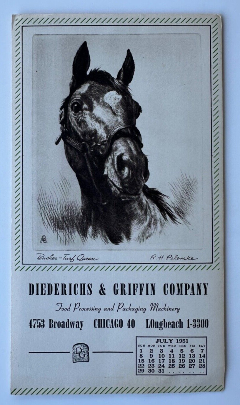 Vintage July 1951 RH Palenske Horse Notepad Illustration Busher-Turf Queen