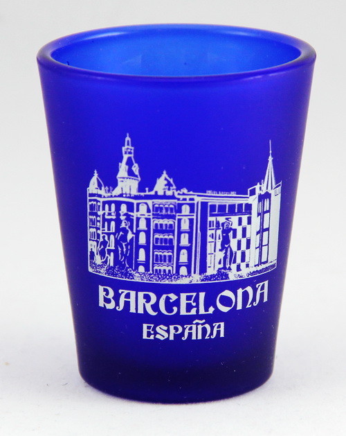 BARCELONA SPAIN COBALT BLUE FROSTED SHOT GLASS SHOTGLASS