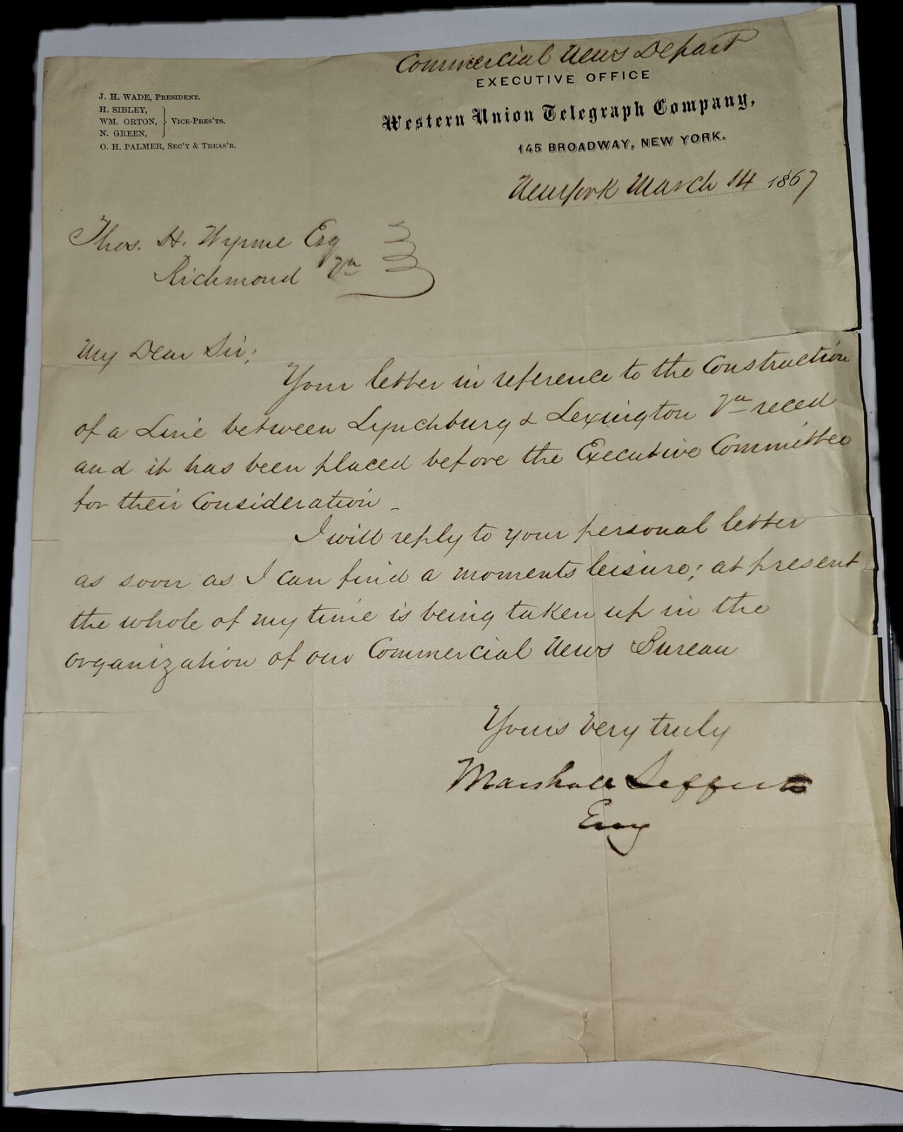 1867 Western Union Railroad Construction ALS To Virginia Politician Thomas Wynne