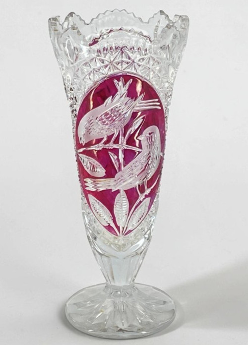 Vintage Hofbauer Byrdes Ruby Crystal 10.5” Footed Vase Frost Cut Sawtooth Rim Vintage Hofbauer Byrdes Ruby Crystal 10.5” Footed Vase Frost Cut Sawtooth Rim