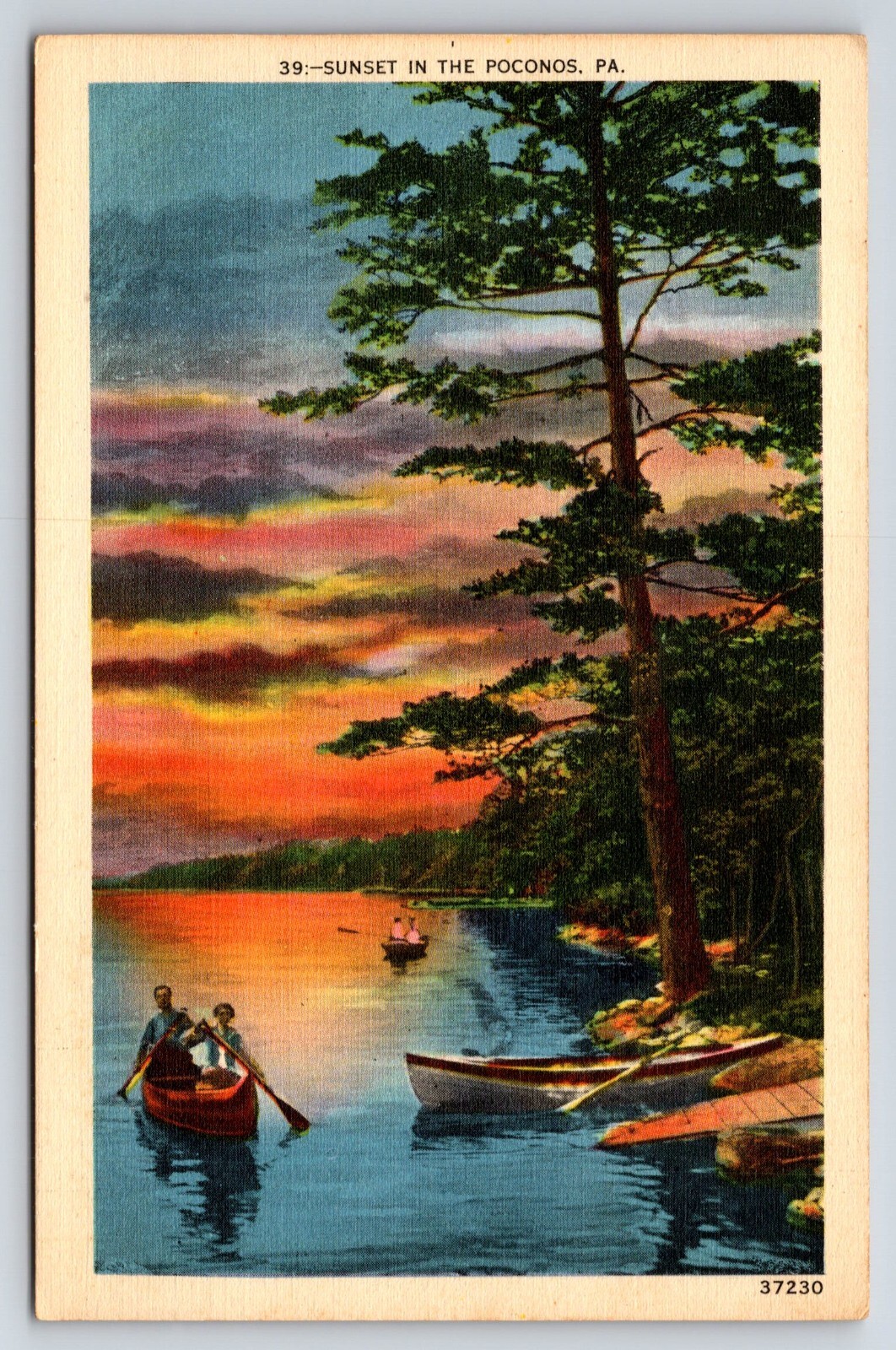 Sunset in the Poconos, Pennsylvania People in Canoes Vtg Linen Postcard