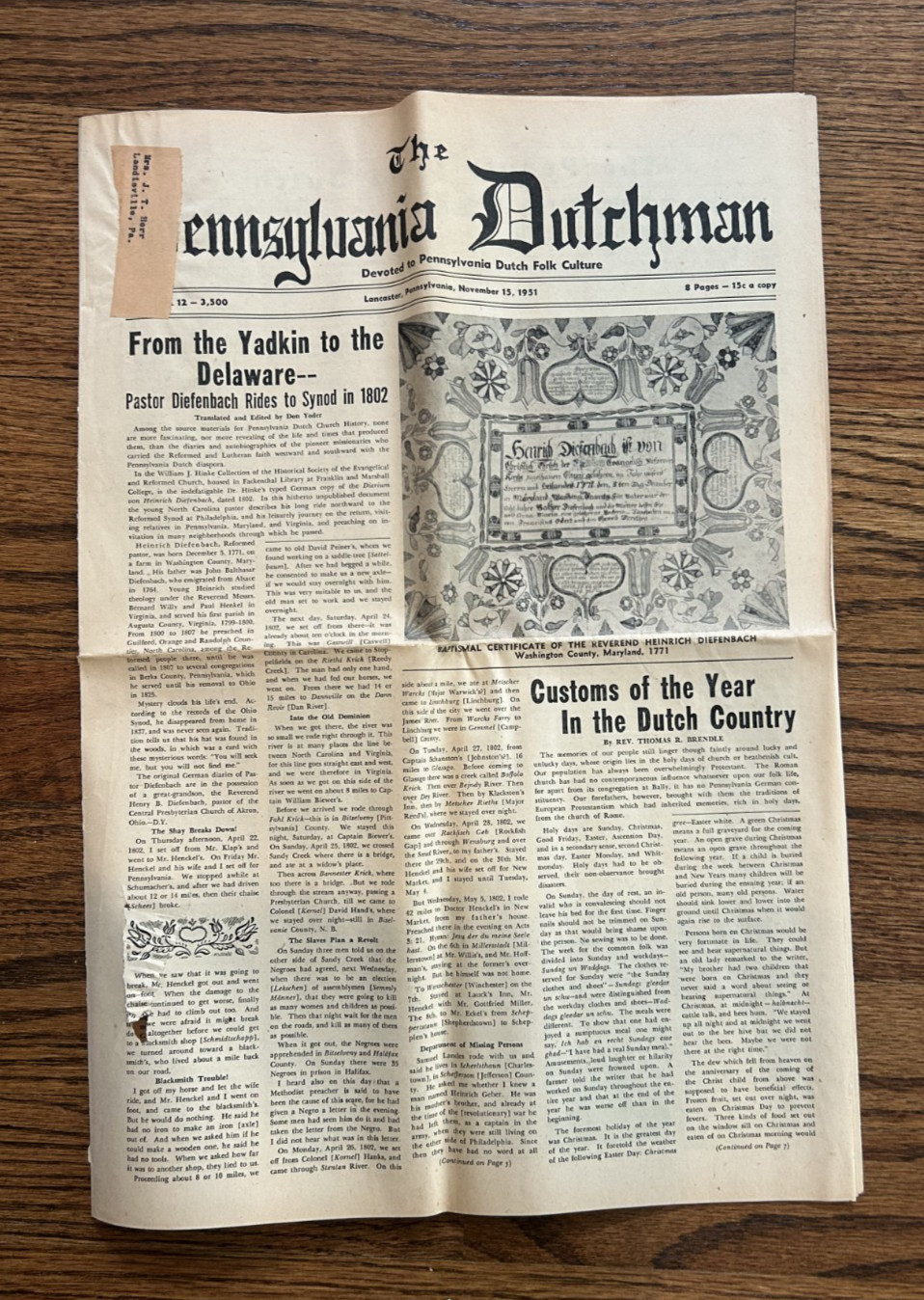 FREE SHIP November 15, 1951 Pennsylvania Dutchman newspaper