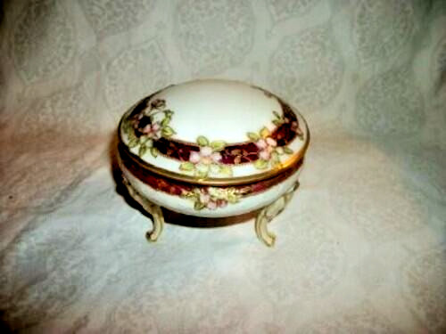 Antique Nippon Vanity Powder Jar Porcelain HP Gilt Tall Legs Moriage Early 1900s