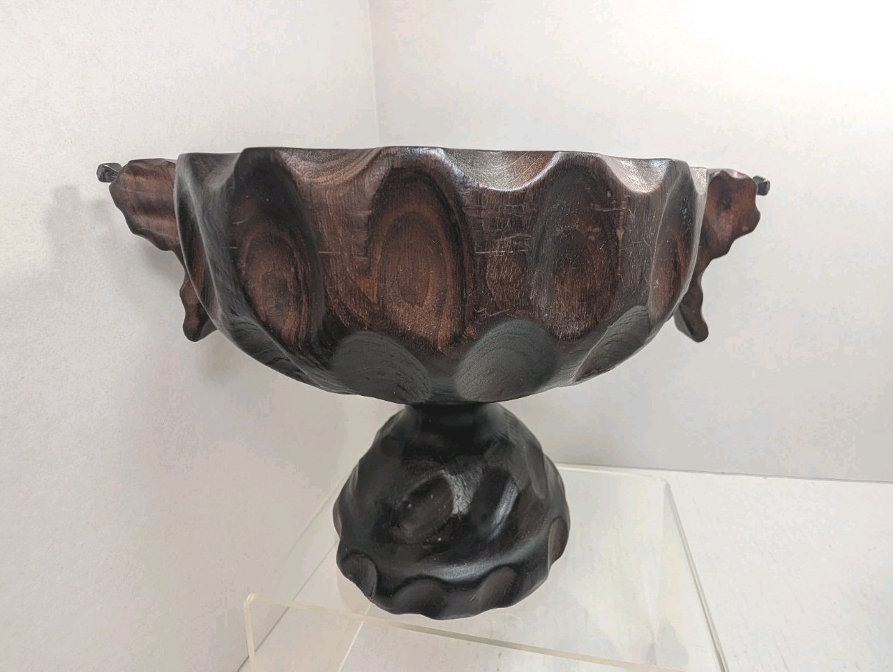 Vtg Spanish Revival Wood Pedestal Center Piece Bowl Brutalist Hand Carved Spain