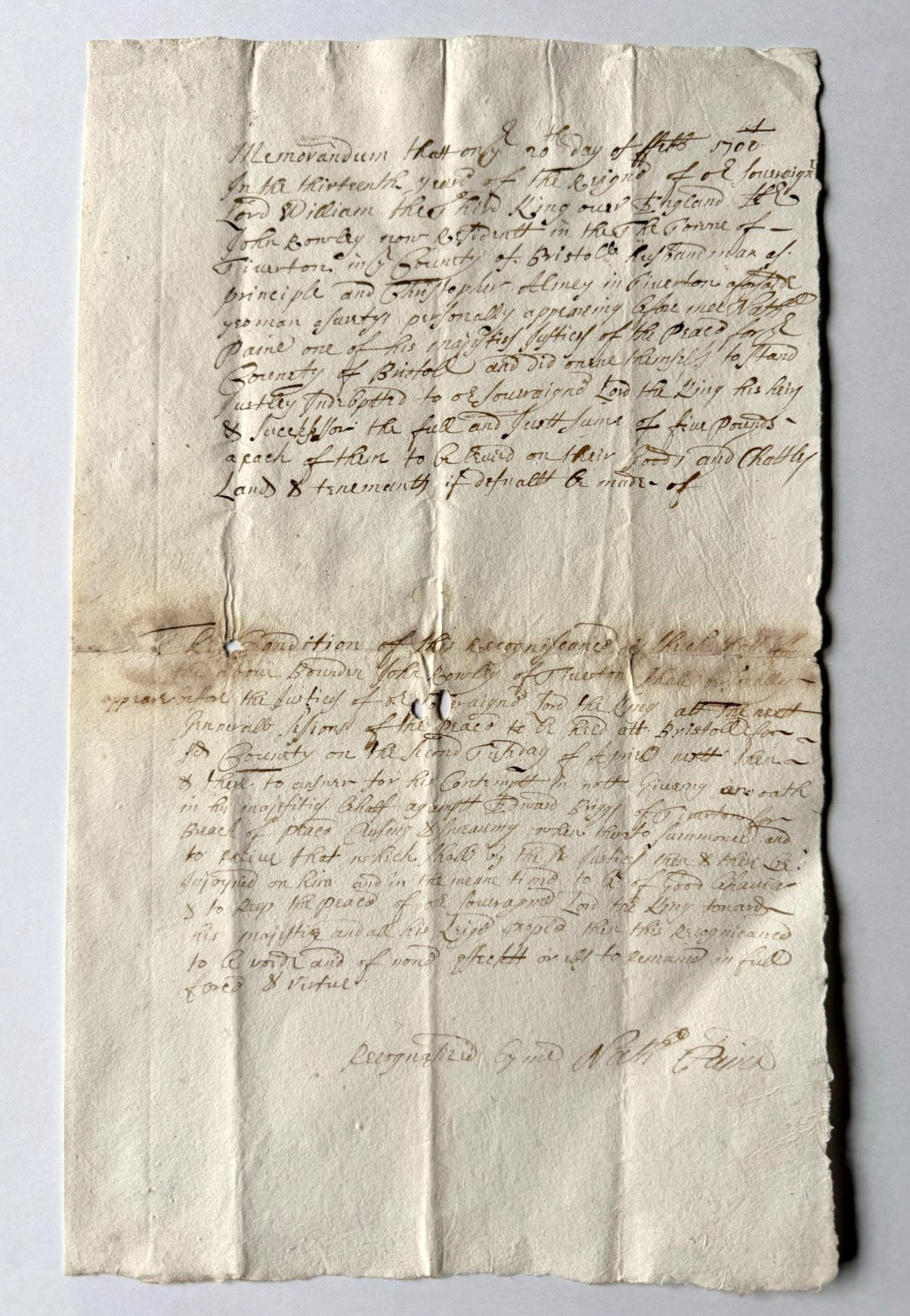 1700 Colonial Massachusetts Document Cursing & Swearing King William III Signed