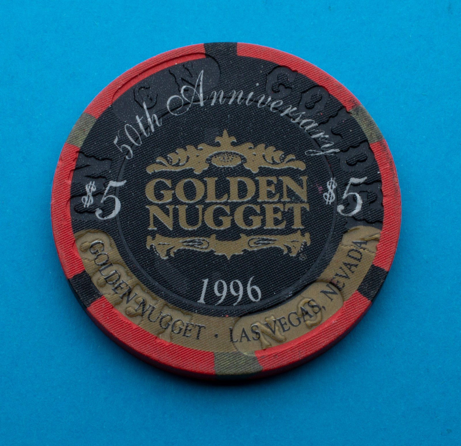 1996 $5 Golden Nugget Casino Poker Chip Las Vegas Nevada - 50th Anniversary