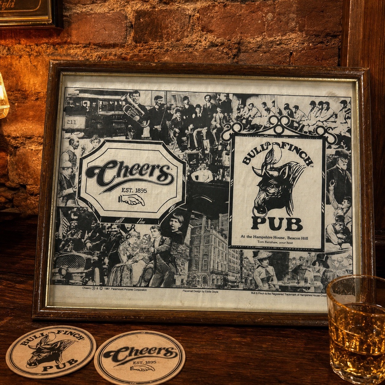 Vintage 1987 Cheers Bull & Finch Pub Framed Placemat Boston Memorabilia 14x11 Vintage 1987 Cheers Bull & Finch Pub Framed Placemat Boston Memorabilia 14x11