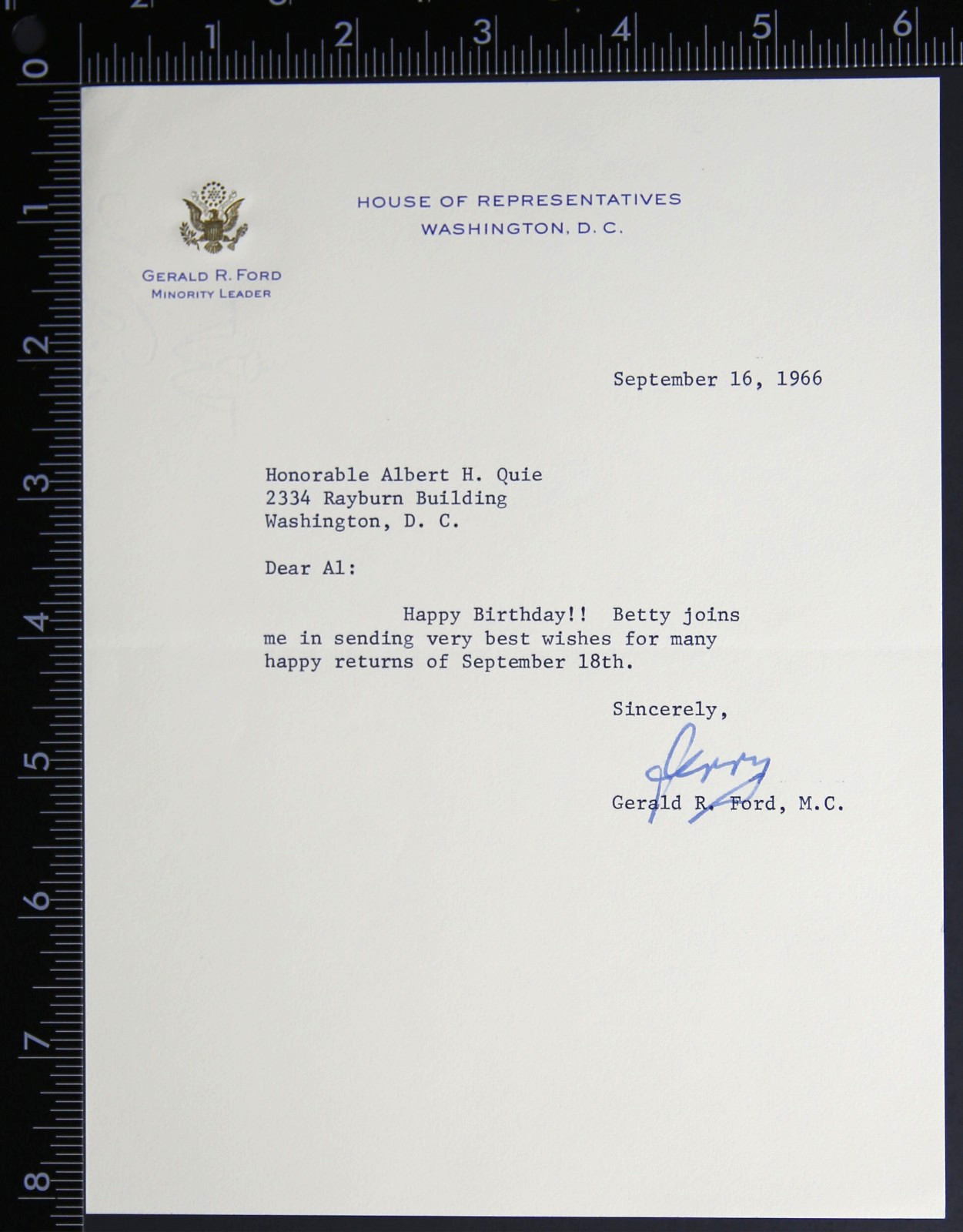 Letter - Signed Jerry M.C. - Gerald F. Ford 1966 Birthday Wishes A. Quie M968 Letter - Signed Jerry M.C. - Gerald F. Ford 1966 Birthday Wishes A. Quie M968