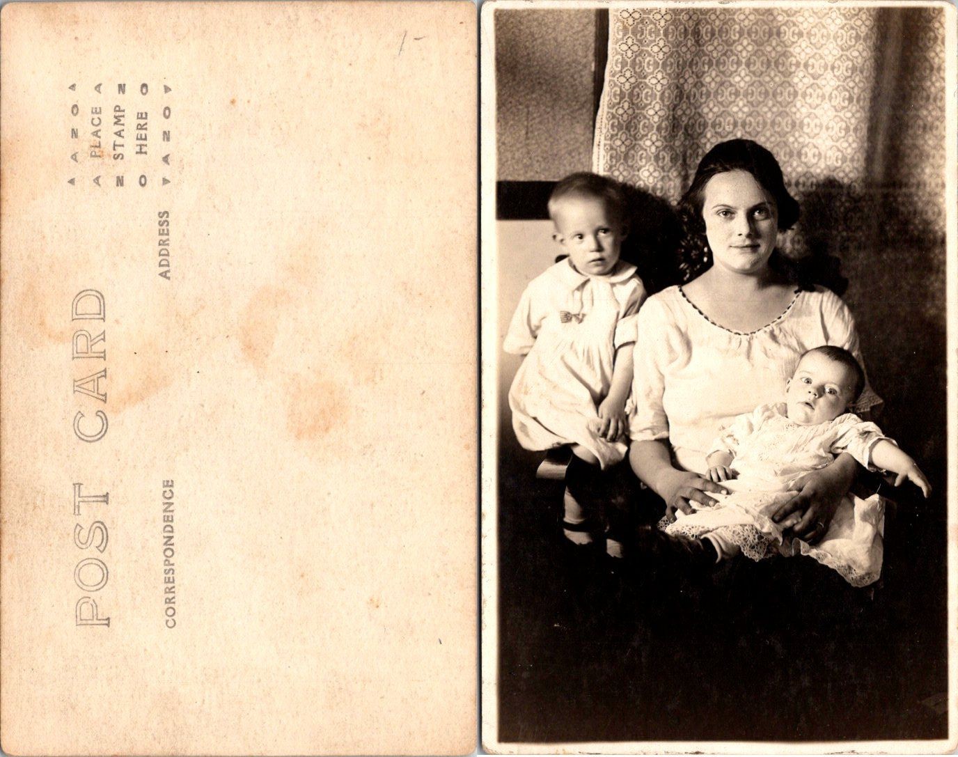 Vintage Real Photo Postcard Mother 2 Children Sepia Portrait c1910s Unposted