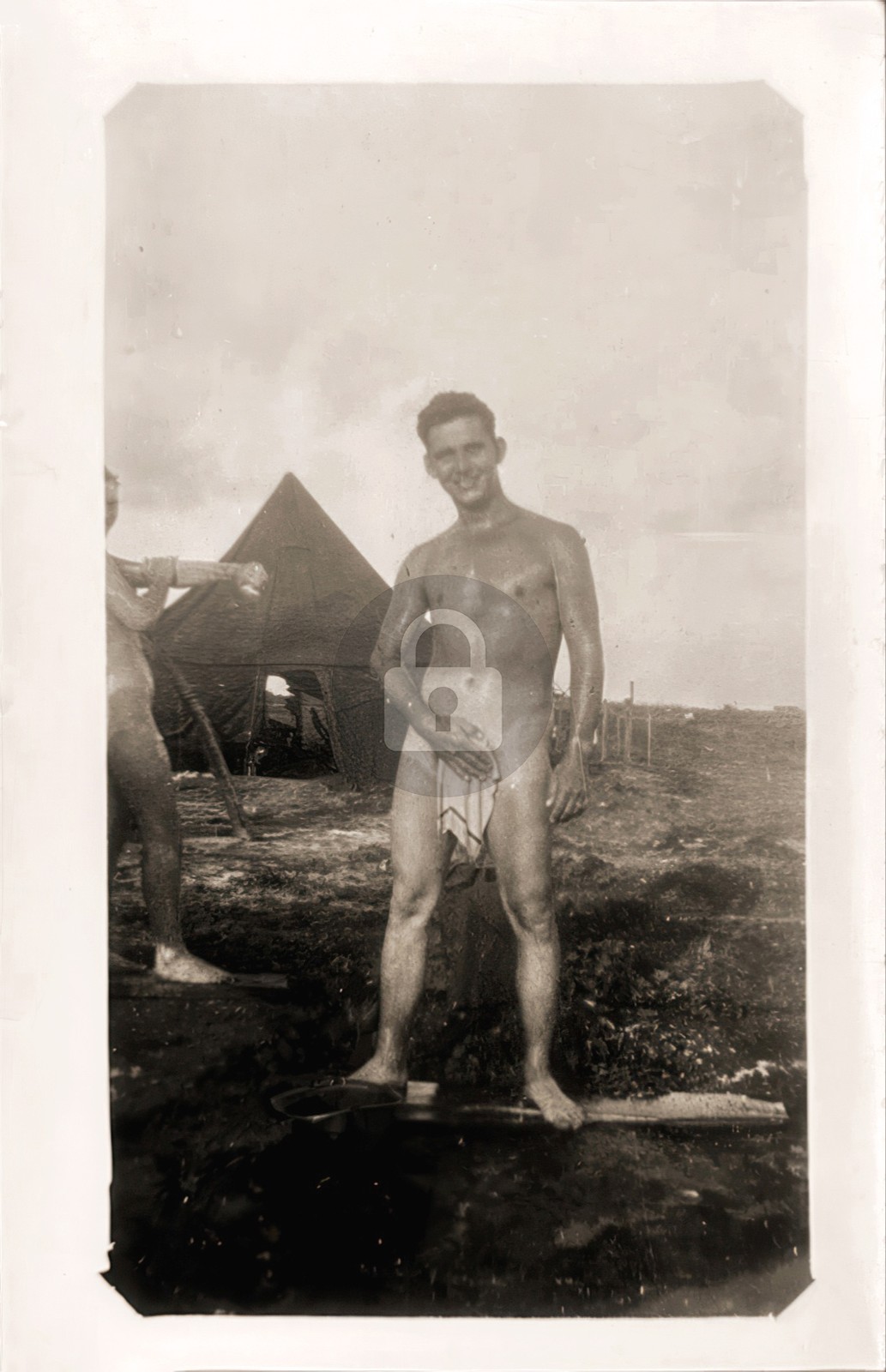 Male Beauty Gay Interest WW2 Bare Chest Outdoor Shower RPPC Photo Postcard COPY