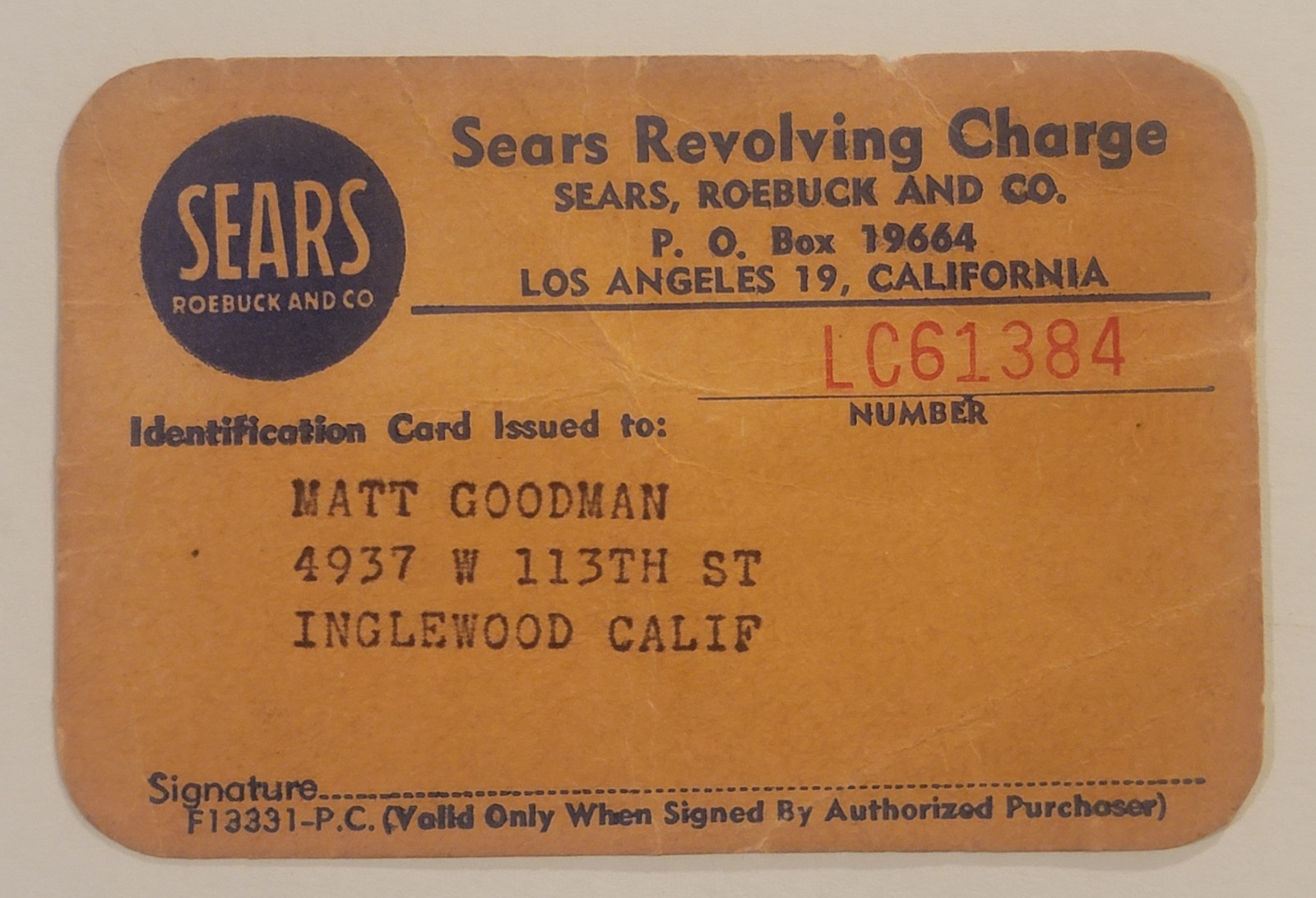 Vintage Sears Revolving Charge 1950s Expired Paper Credit Card, Los Angeles CA