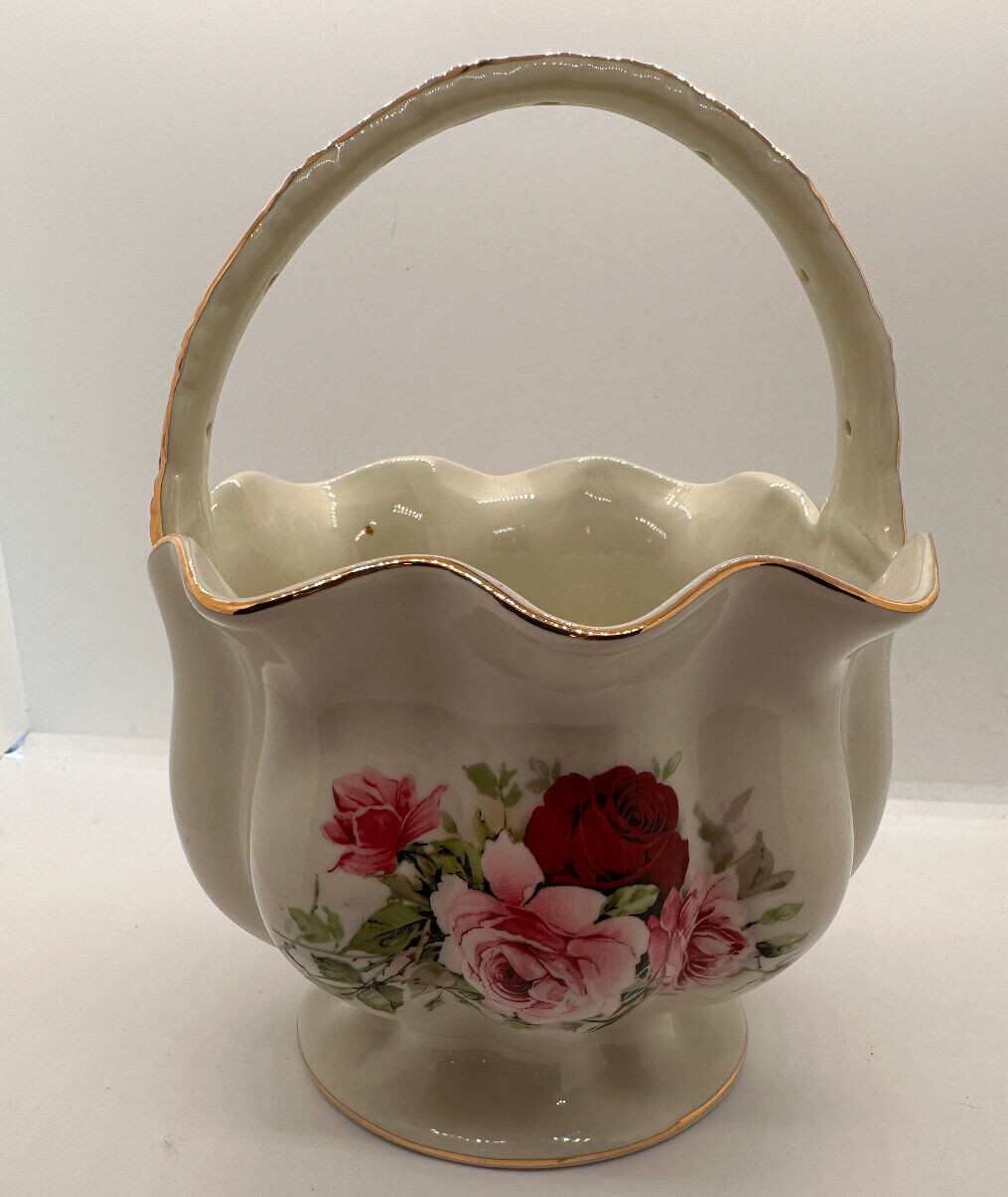 VTG Porcelain Rose Basket Vase Handle Gold Trim Ceramic Flower Planter Shabby VTG Porcelain Rose Basket Vase Handle Gold Trim Ceramic Flower Planter Shabby