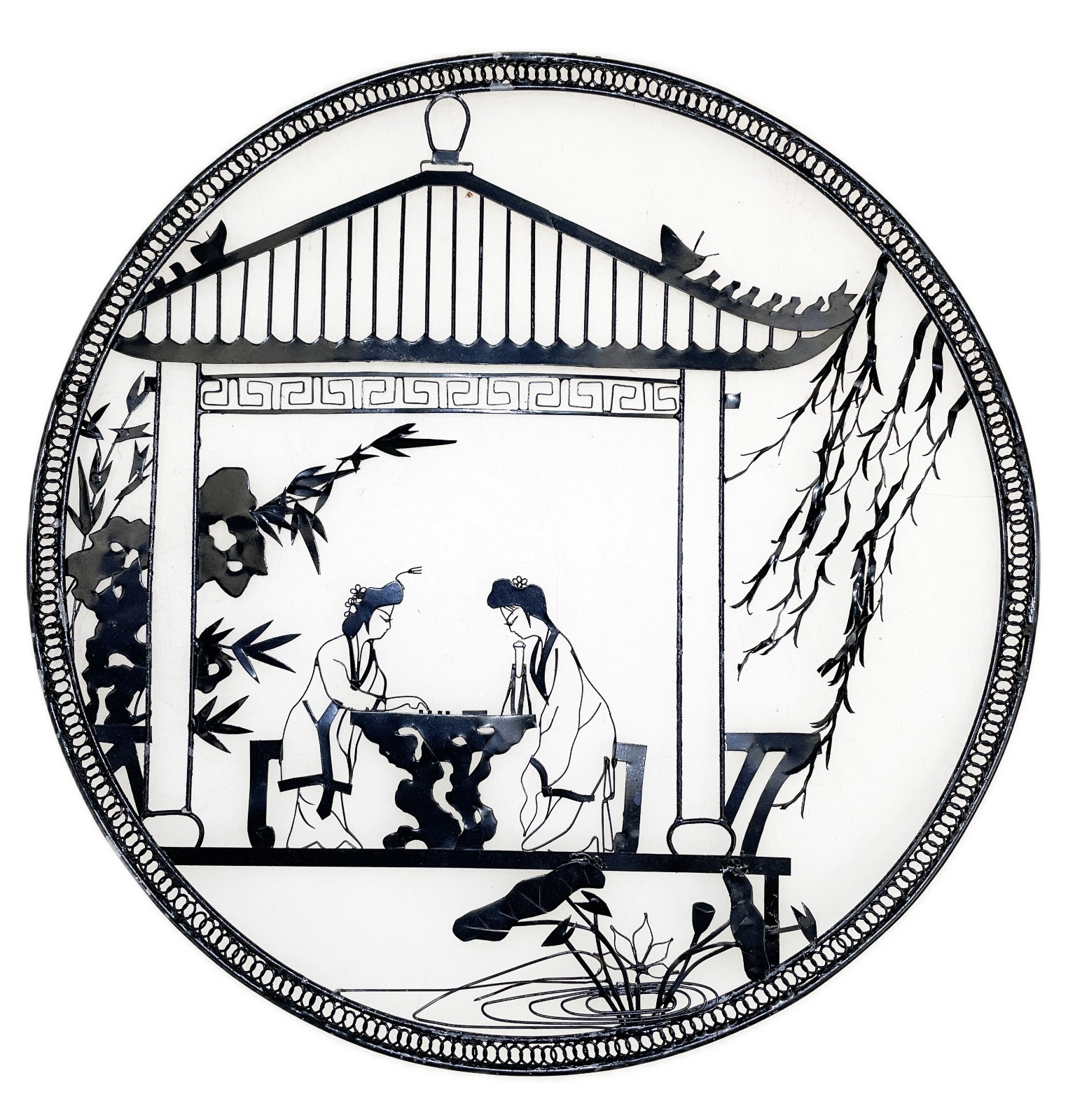 9.5” Asian Pagoda Geesha Girls Thin Black Metal MCM Wall Hanging