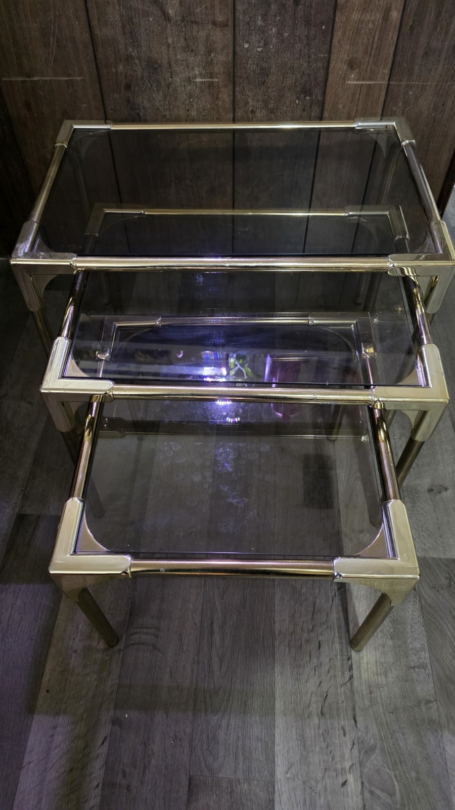 Vintage 3 Pc MCM Brass Nesting Tables With Smoked Glass