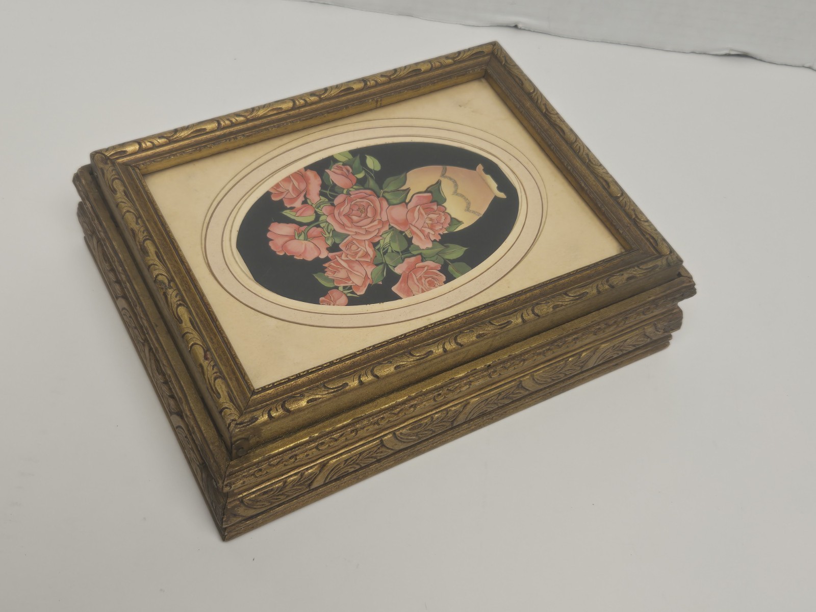 Vintage Ornate Gold Wood Jewelry Dresser Box Floral Roses Mirror Lid