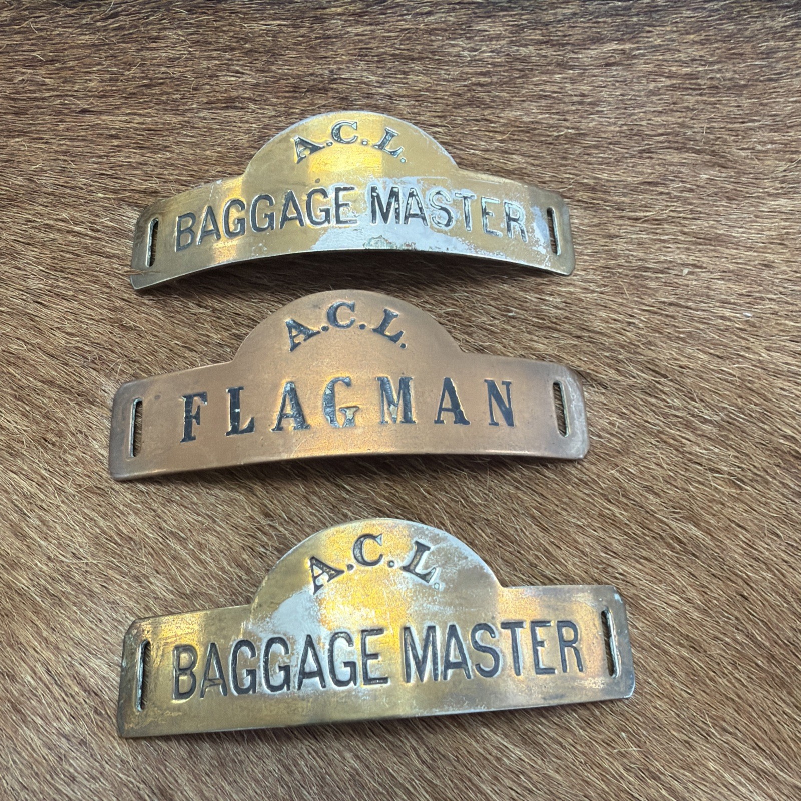 3 Vtg Atlantic Coast Line ACL Railroad Baggage Master Hat Badge Nickel Gold Tone 3 Vtg Atlantic Coast Line ACL Railroad Baggage Master Hat Badge Nickel Gold Tone