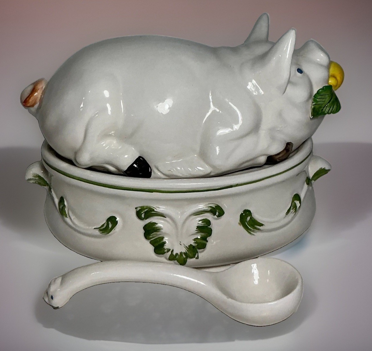 Vintage Bassano Italian Farmhouse Ceramic Pig Tureen 8 in.- 3 Pieces