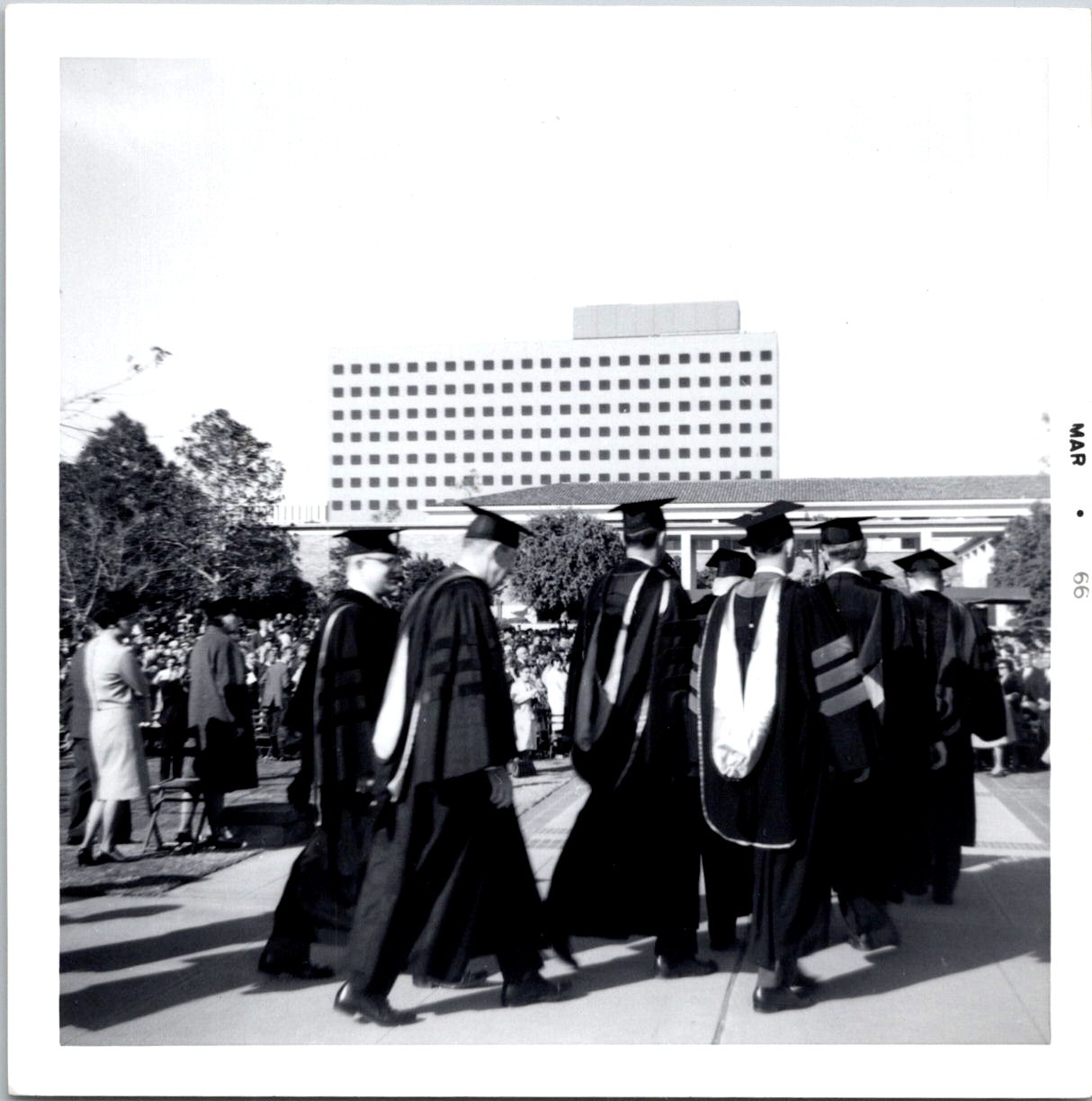Faculty & Graduates at 1966 University Ceremony, Vintage B&W Snapshot Photo