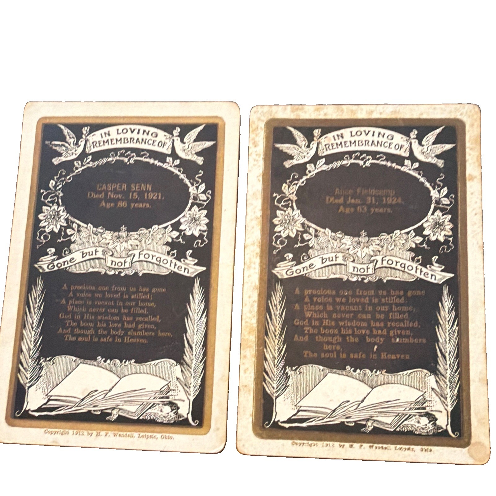 2 Antique Funeral Memorial Mourning Cards Senn, Fieldcamp Ohio 1912