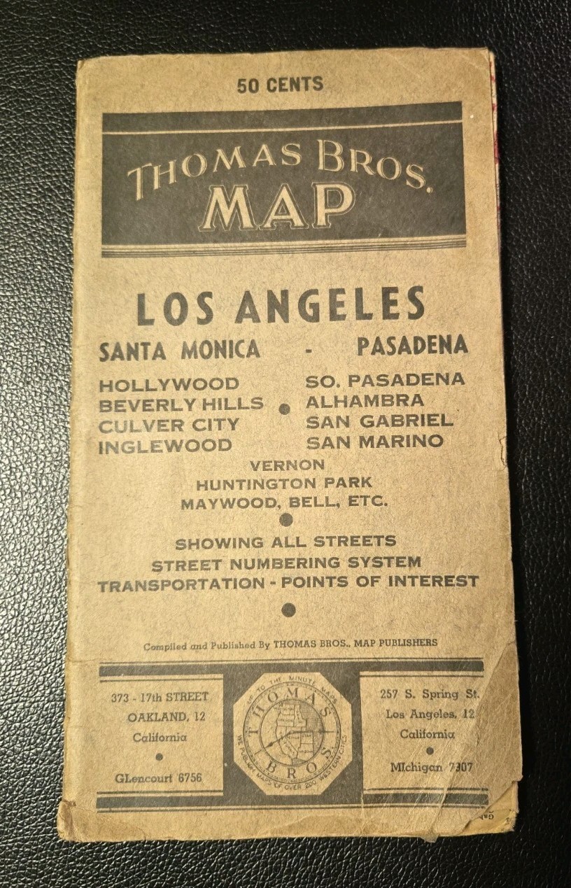 Vintage Thomas Bros. Street Map LOS ANGELES HOLLYWOOD BEVERLY HILLS 1944 L@@K