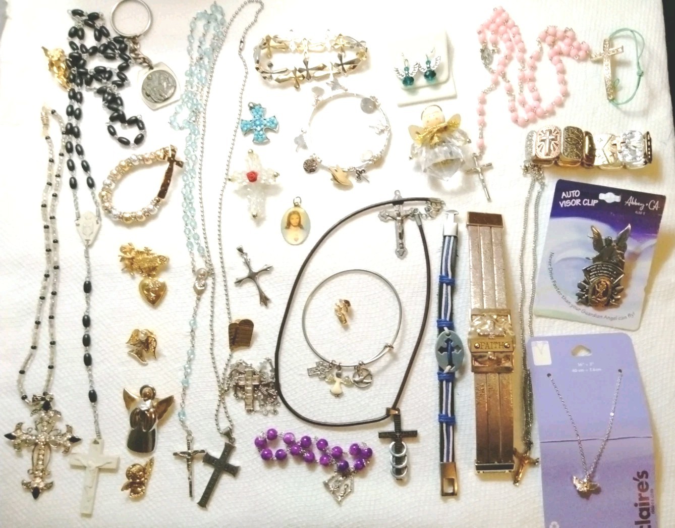 Vintage Catholic Lot Of Medals Pendants Necklace Rosary Jewelry Angel 