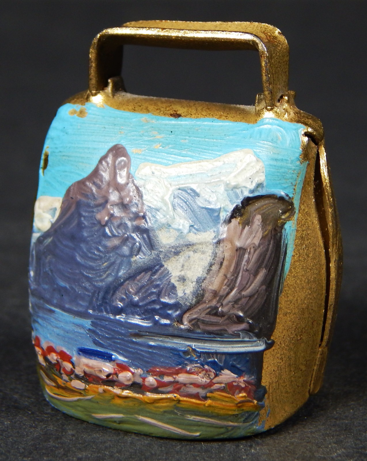 HAND PAINTED SWITZERLAND SWISS MINI BRASS COWBELL OIL LANDSCAPE SOUVENIR BELL