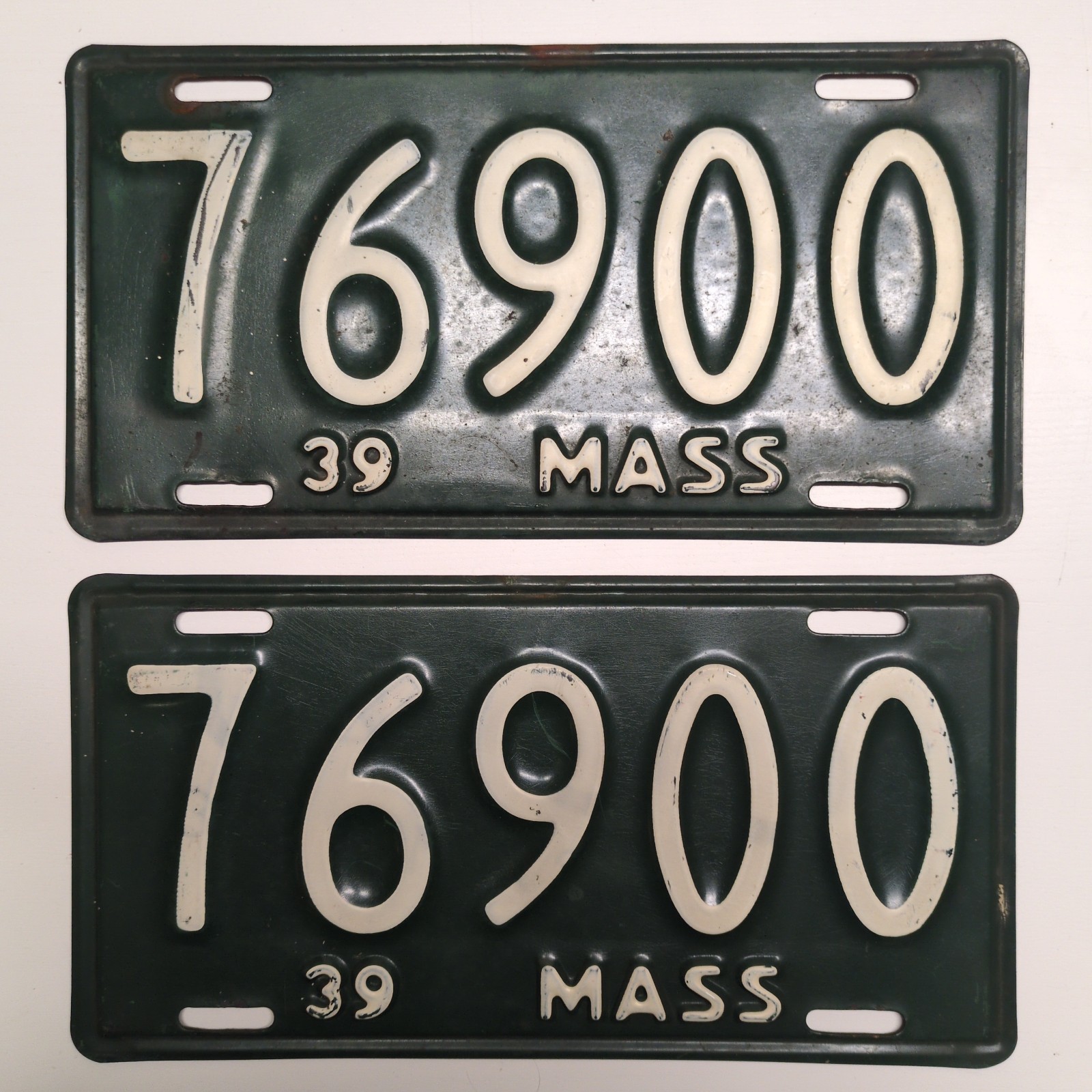 Vintage Massachusetts License Plate Pair 1939 Green White Decor (2)
