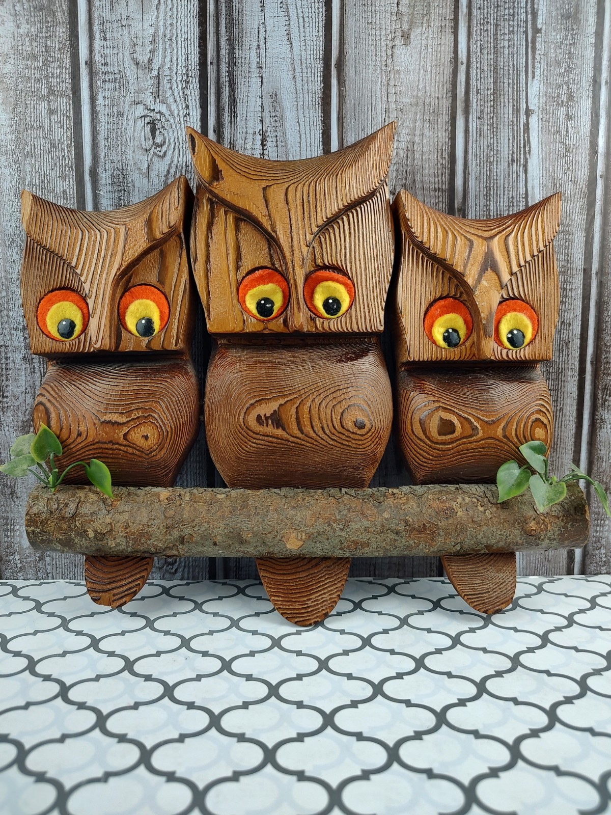 Vintage Wooden Owl Wall Art 3 on Branch w/Groovy Big Eyes  Boho MCM Cottage Core