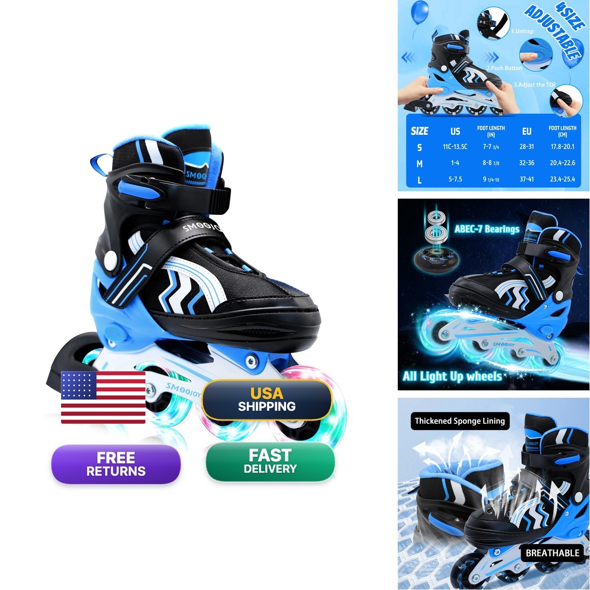 SMOOJOY Inline Skates Kids Light-Up Wheels Aluminum Frame Black Blue Blade