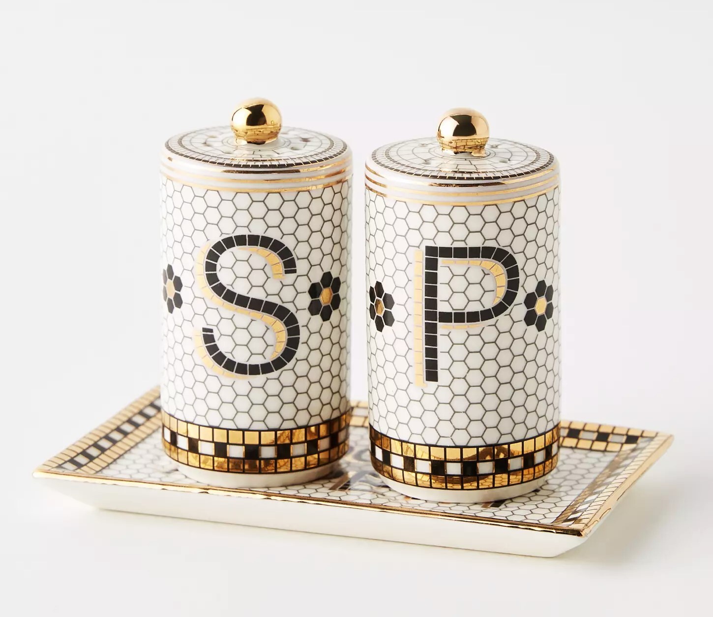 Anthropologie Bistro Tile Stoneware Salt Pepper Shaker Set 3 Pcs Mosaic New