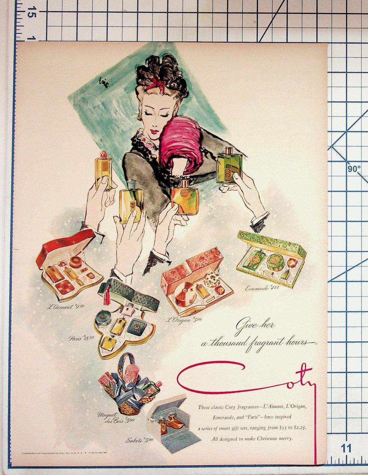 Vintage 1940s Coty Perfume Fragrance Ad L'Aimant L'Origan Emeraude Print Eric