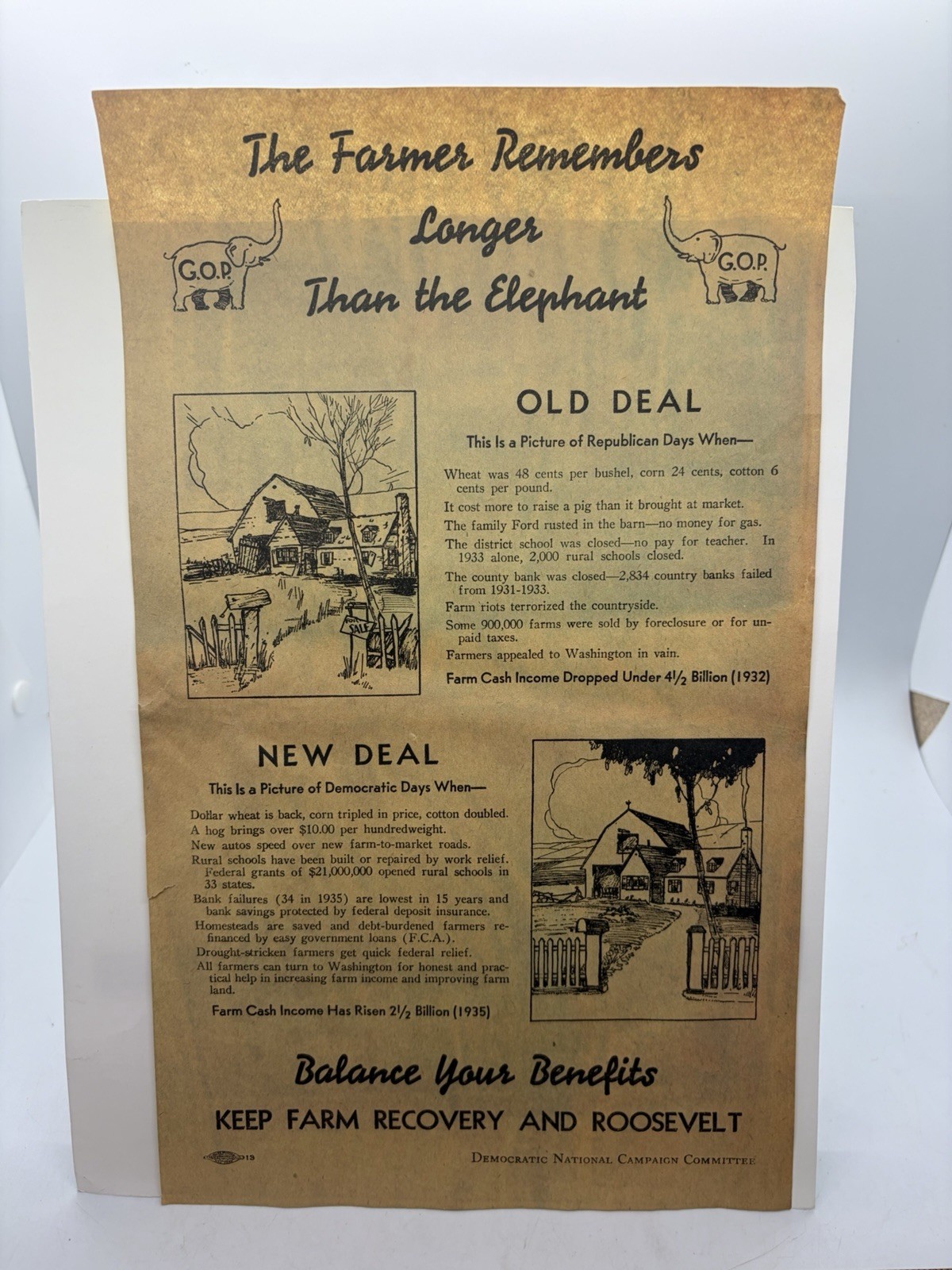 Franklin Roosevelt FDR Broadside Flyer 1936 The Farmer Remembers Longer