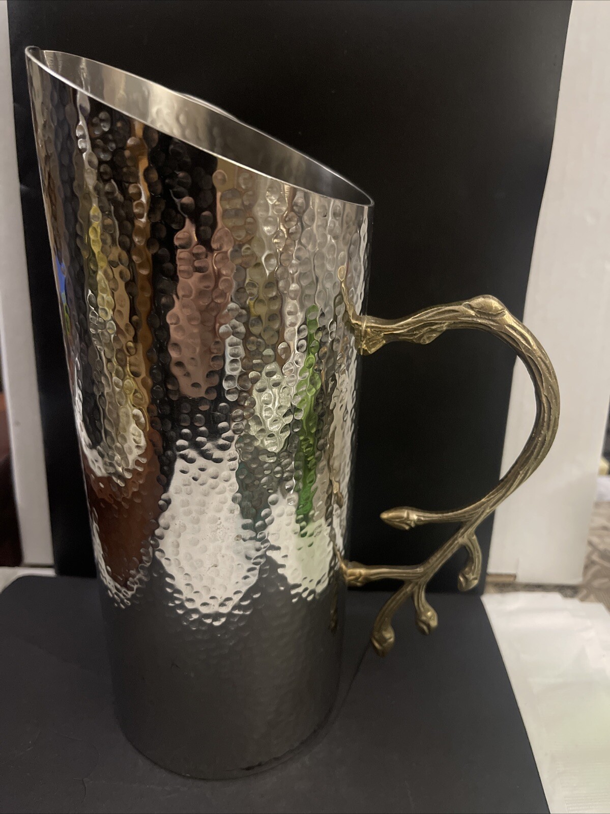 Fine Polished Hammered Stainless Steel and Brass Leaf Two Tone Pitcher