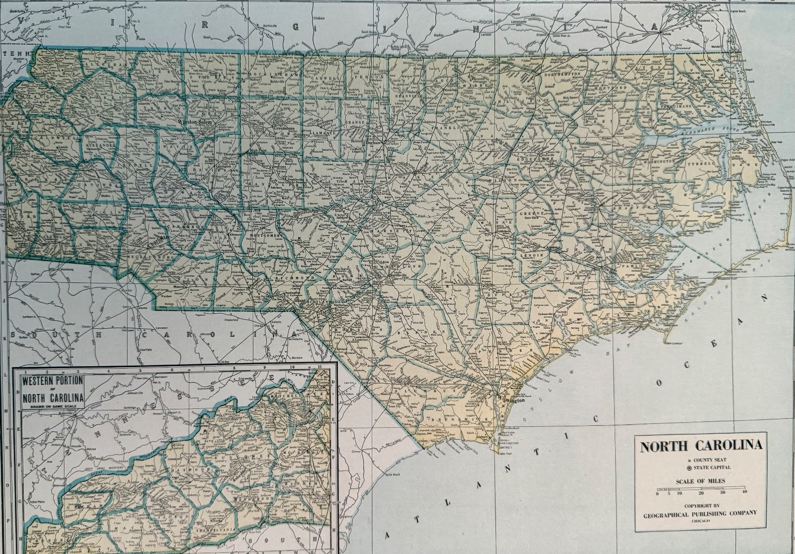 Vintage 1945 WORLD WAR 2 ERA NORTH CAROLINA & SOUTH CAROLINA MAP 