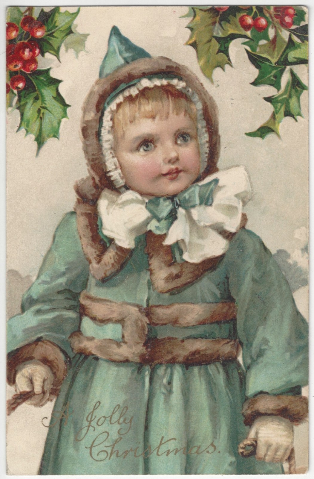 1907 Artist Signed Nister, Christmas Greeting Beautiful Child Dressed for Winter