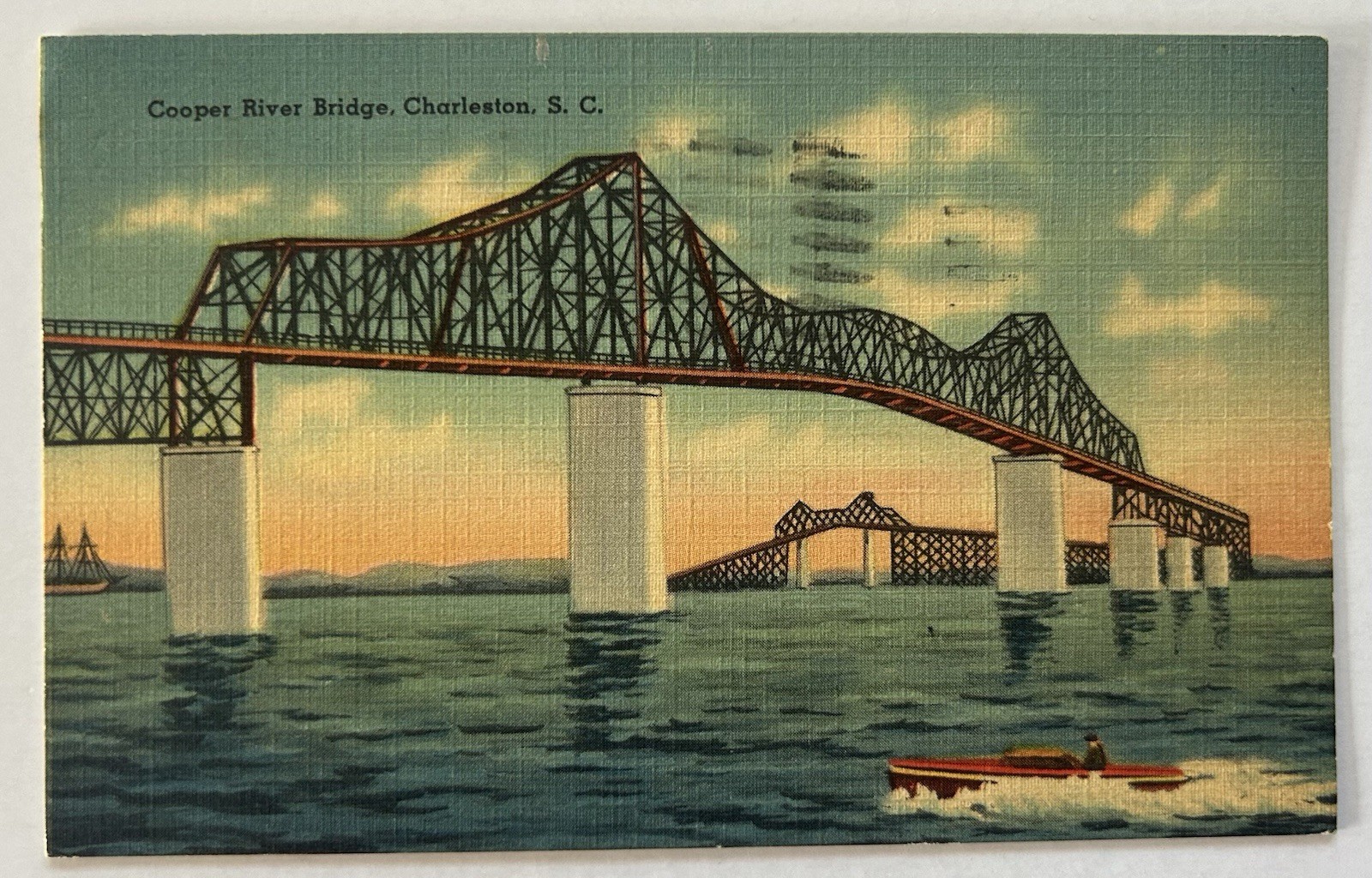 Cooper River Bridge Charleston SC Linen Postcard 1942 B3