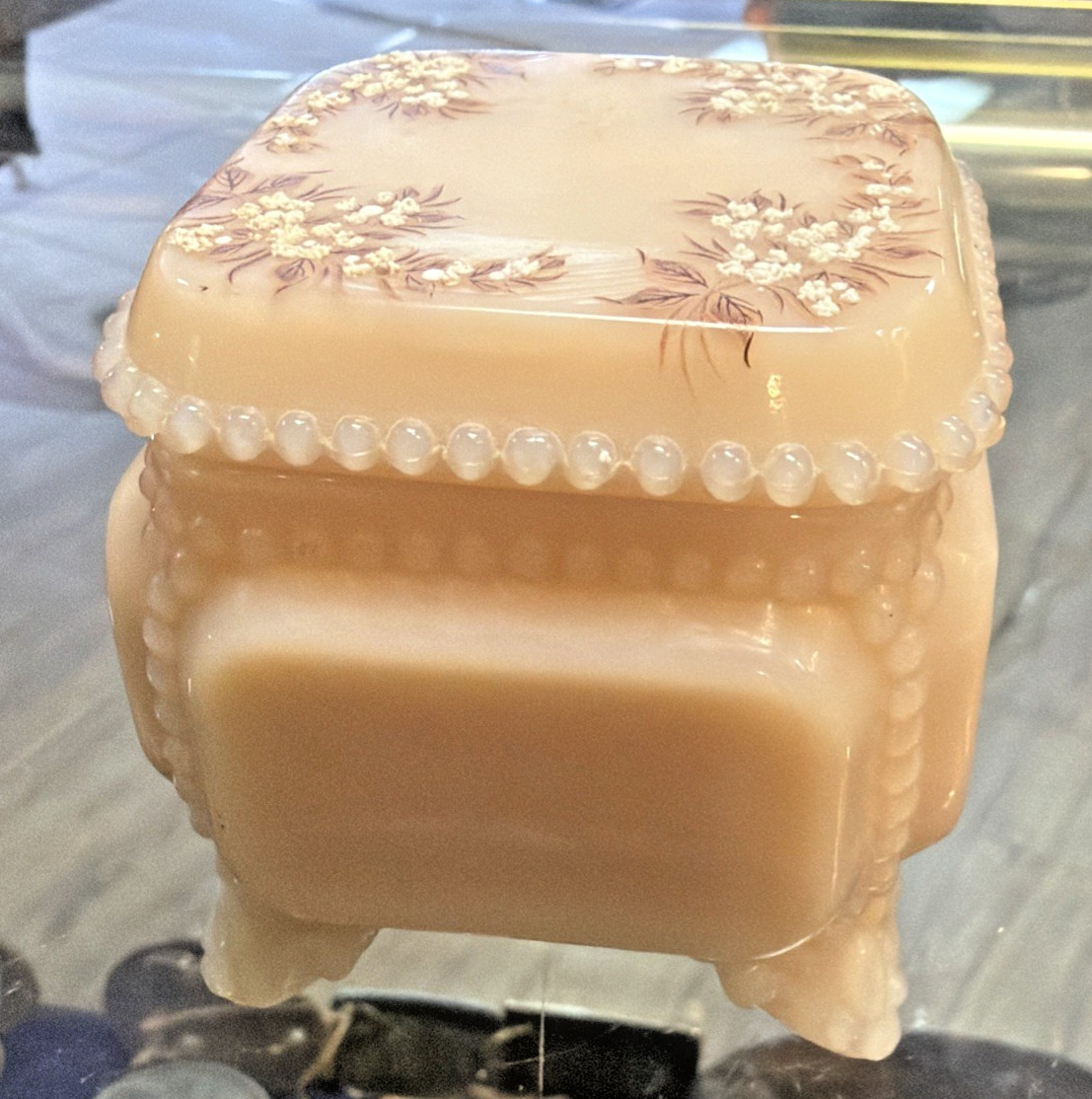 VTG Westmoreland Almond Glass Trinket Box Hand Painted Beaded Footed Box